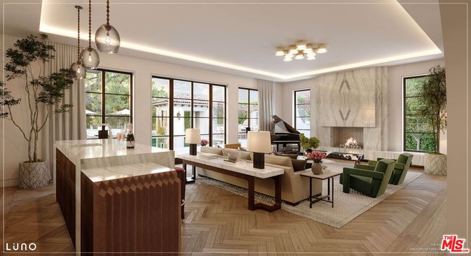 Fireplace, Interior, Living room, Pendant Lights, Piano, Recessed Lighting, Wood Texture Flooring