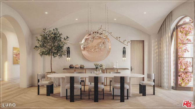Dining room, Interior, Pendant Lights, Recessed Lighting, Wood Texture Flooring