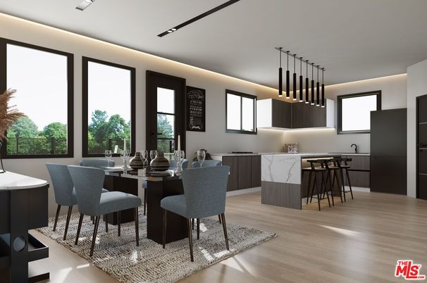 Dining room, Interior, Kitchen, Pendant Lights, Wood Texture Flooring
