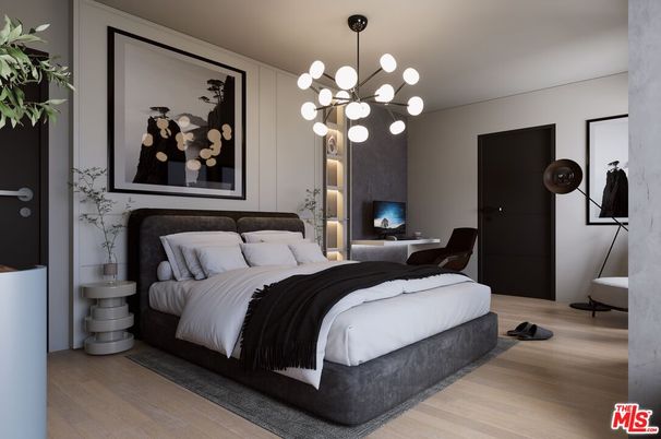 Bedroom, Interior, Pendant Lights, Wood Texture Flooring