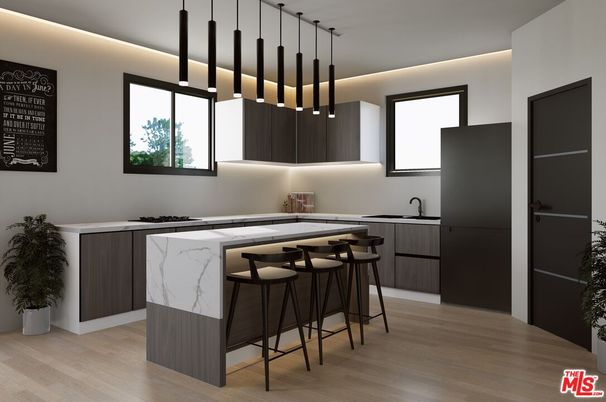 Interior, Kitchen, Marble Walls, Pendant Lights, Wood Texture Flooring
