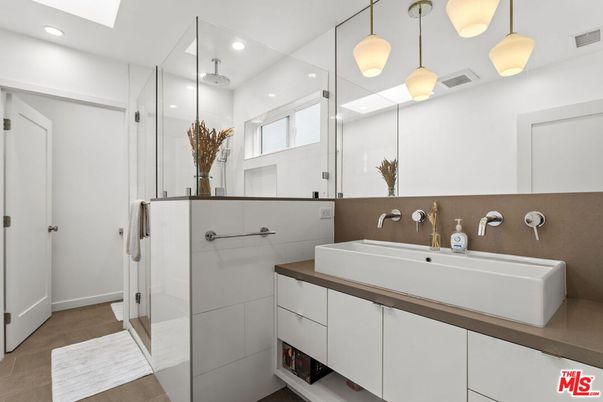 Bathroom, Dual Sink Vanities, Glass Shower, Interior, Pendant Lights, Recessed Lighting