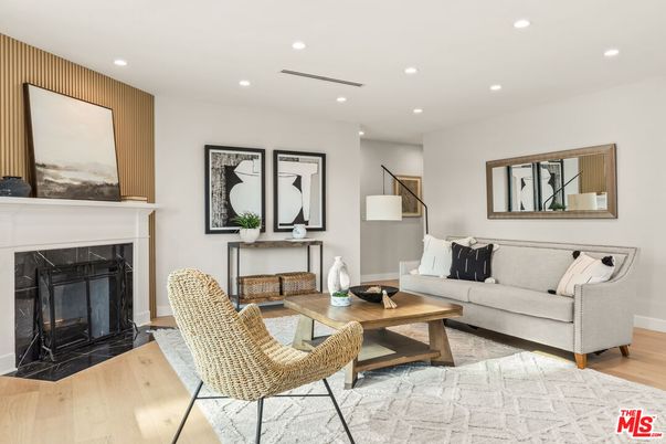 Fireplace, Interior, Living room, Recessed Lighting, Wood Texture Flooring