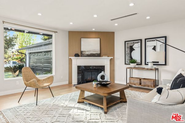 Fireplace, Interior, Living room, Recessed Lighting, Wood Texture Flooring