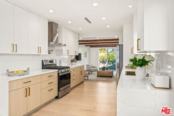 Interior, Kitchen, Living room, Recessed Lighting, Stainless Steel Appliances, Wooden Beams, Wood Texture Flooring