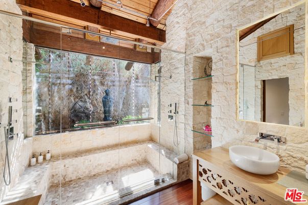 Bathroom, Glass Shower, Interior, Stone Walls, Wooden Beams, Wood Texture Flooring