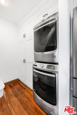 Interior, Kitchen, Recessed Lighting, Stainless Steel Appliances, Washer, Wood Texture Flooring