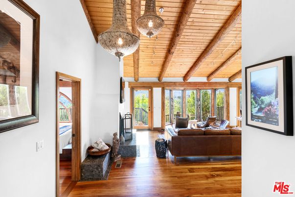 Fireplace, Interior, Living room, Pendant Lights, Wooden Beams, Wooden Ceilings, Wood Texture Flooring