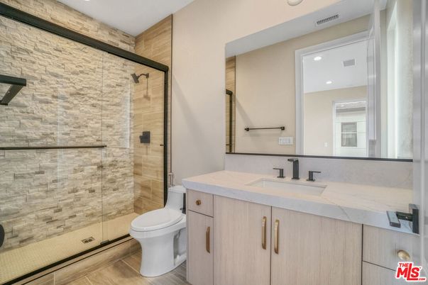 Bathroom, Glass Shower, Interior, Recessed Lighting, Wood Texture Flooring
