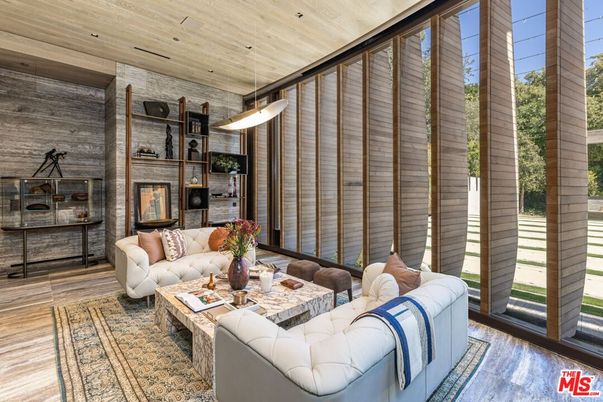 Fireplace, Interior, Living room, Pendant Lights, Recessed Lighting, Stone Walls, Wooden Ceilings, Wood Texture Flooring