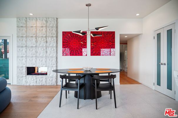 Dining room, Fireplace, Interior, Pendant Lights, Recessed Lighting, Wood Texture Flooring