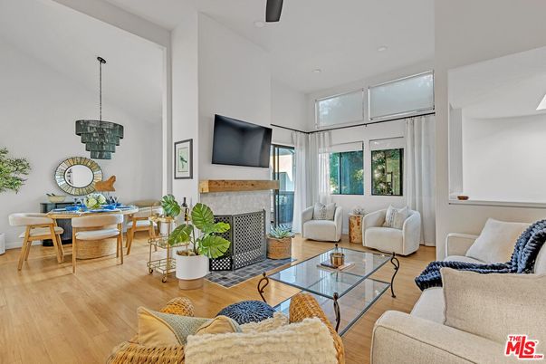 Dining room, Fireplace, Interior, Living room, Pendant Lights, Wood Texture Flooring