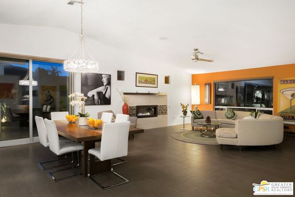 Dining room, Fireplace, Interior, Living room, Pendant Lights, Wood Texture Flooring