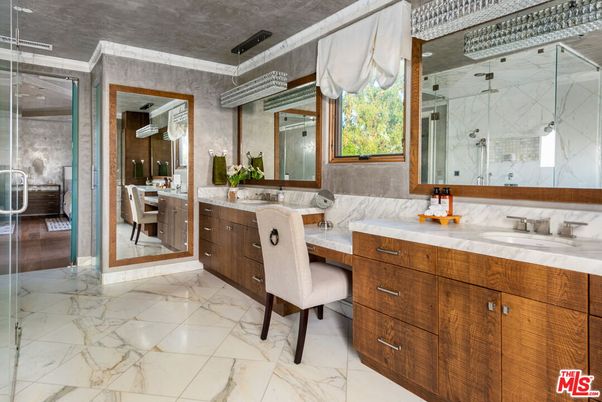 Bathroom, Dual Sink Vanities, Glass Shower, Interior, Marble, Marble Walls