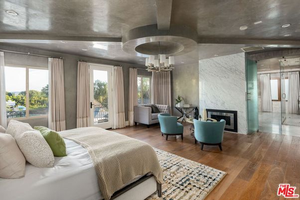 Bedroom, Fireplace, Interior, Marble Walls, Pendant Lights, Recessed Lighting, Wood Texture Flooring