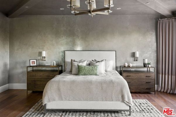 Bedroom, Chandelier, Interior, Recessed Lighting, Wood Texture Flooring