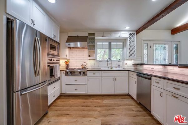 Interior, Kitchen, Recessed Lighting, Stainless Steel Appliances, Tile Countertops, Wooden Beams, Wood Texture Flooring