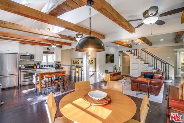 Dining room, Interior, Kitchen, Living room, Pendant Lights, Recessed Lighting, Stainless Steel Appliances, Wooden Beams, Wood Texture Flooring