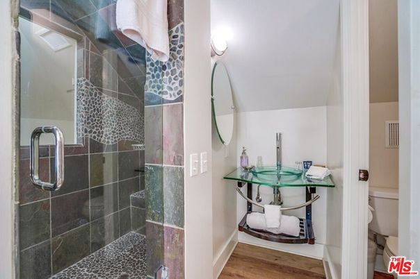 Bathroom, Glass Shower, Interior, Wood Texture Flooring
