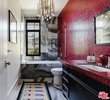 Bathroom, Interior, Pendant Lights, Tile Countertops, Wood Texture Flooring