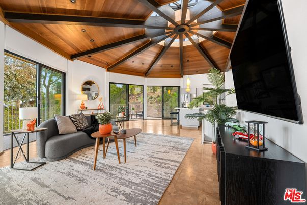 Interior, Living room, Pendant Lights, Recessed Lighting, Wooden Beams, Wooden Ceilings, Wood Texture Flooring