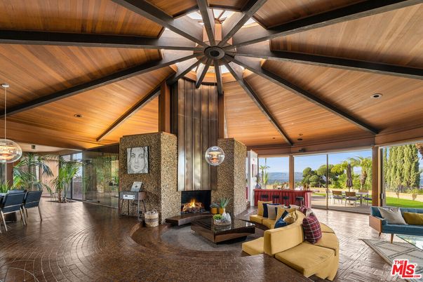 Dining room, Fireplace, Interior, Living room, Pendant Lights, Recessed Lighting, Wooden Beams, Wooden Ceilings, Wood Texture Flooring