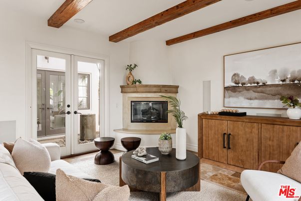 Fireplace, Interior, Living room, Recessed Lighting, Wooden Beams