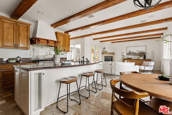 Dining room, Fireplace, Interior, Kitchen, Recessed Lighting, Wooden Beams