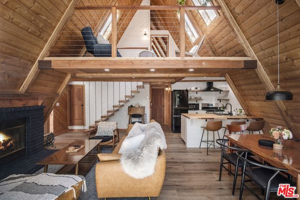 Dining room, Fireplace, Interior, Kitchen, Living room, Pendant Lights, Recessed Lighting, Wooden Beams, Wooden Ceilings, Wood Texture Flooring, Wooden Walls