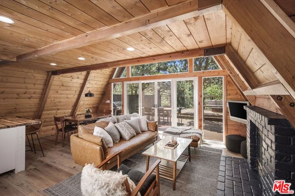 Dining room, Fireplace, Interior, Living room, Recessed Lighting, Wooden Beams, Wooden Ceilings, Wood Texture Flooring, Wooden Walls
