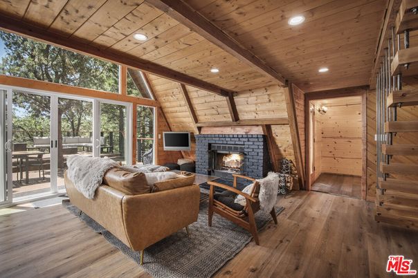 Fireplace, Interior, Living room, Recessed Lighting, Wooden Beams, Wooden Ceilings, Wood Texture Flooring, Wooden Walls
