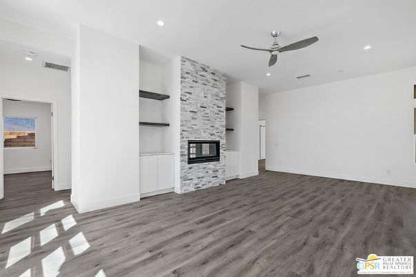 Empty room, Fireplace, Interior, Recessed Lighting, Wood Texture Flooring