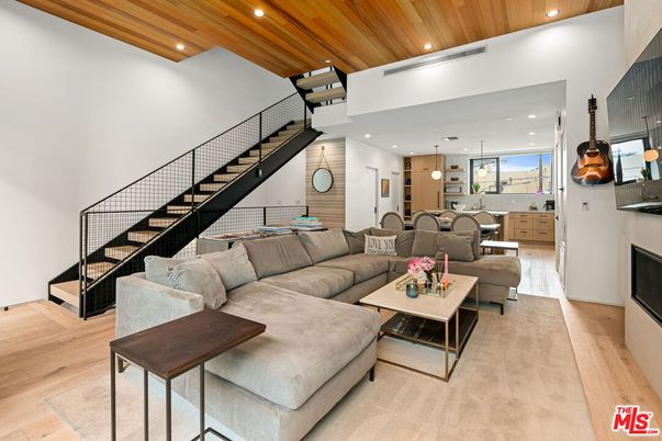 Dining room, Fireplace, Interior, Kitchen, Living room, Pendant Lights, Recessed Lighting, Wooden Ceilings, Wood Texture Flooring