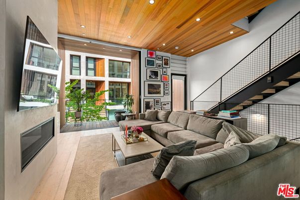Fireplace, Interior, Living room, Recessed Lighting, Wooden Ceilings