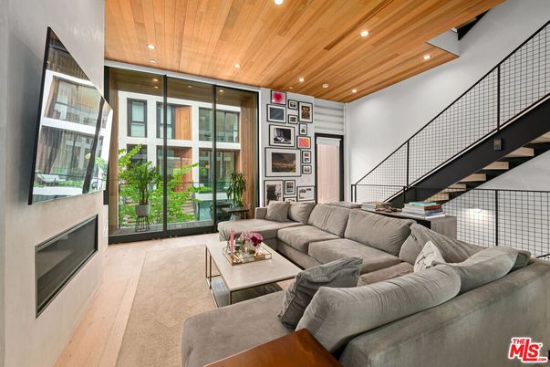 Fireplace, Interior, Living room, Recessed Lighting, Wooden Ceilings