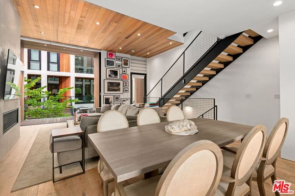 Dining room, Fireplace, Interior, Living room, Recessed Lighting, Wooden Ceilings, Wood Texture Flooring