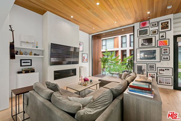 Fireplace, Interior, Living room, Recessed Lighting, Wooden Ceilings, Wood Texture Flooring