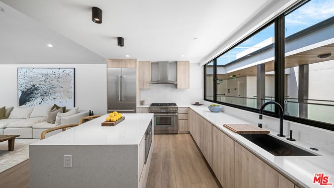 Interior, Kitchen, Living room, Recessed Lighting, Stainless Steel Appliances, Wood Texture Flooring