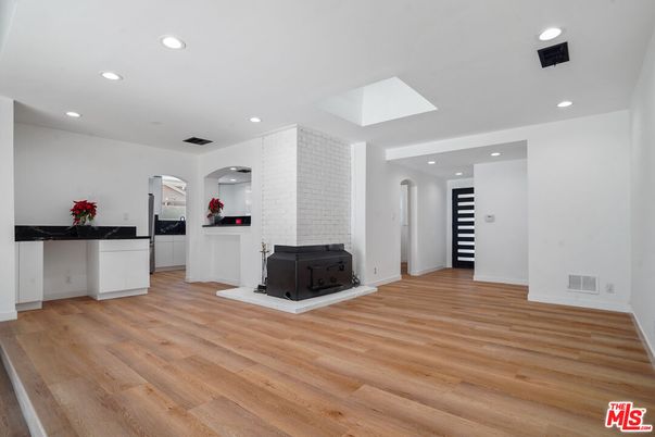 Empty room, Fireplace, Interior, Recessed Lighting, Wood Texture Flooring