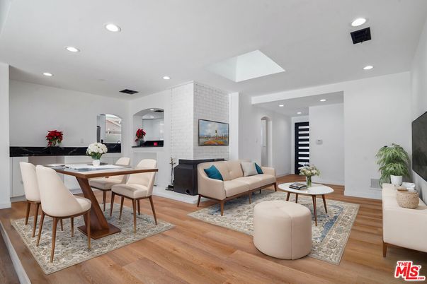 Dining room, Interior, Living room, Recessed Lighting, Stone Walls, Wood Texture Flooring