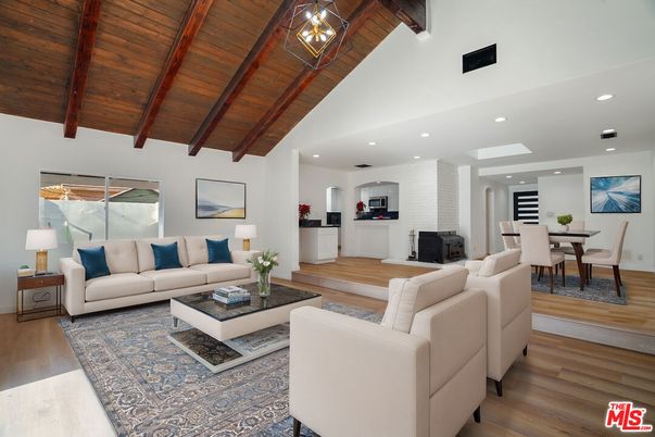 Dining room, Fireplace, Interior, Living room, Recessed Lighting, Stone Walls, Wooden Beams, Wooden Ceilings, Wood Texture Flooring