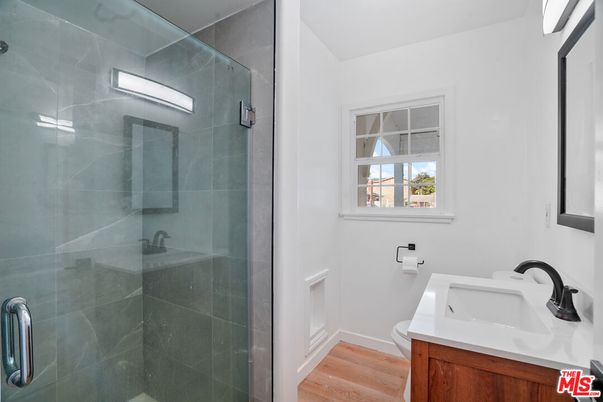 Bathroom, Glass Shower, Interior, Wood Texture Flooring