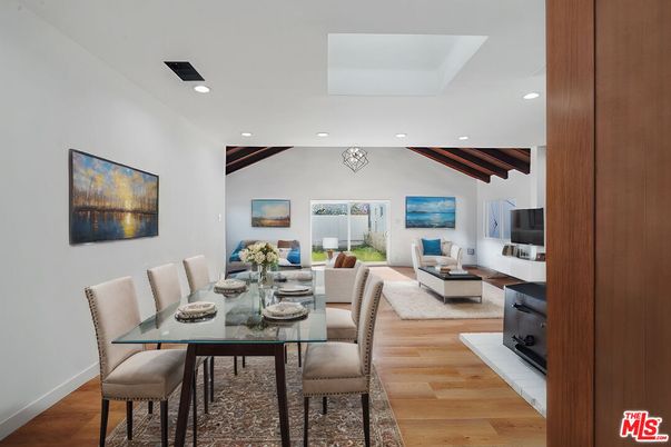 Dining room, Interior, Living room, Recessed Lighting, Wooden Beams, Wood Texture Flooring