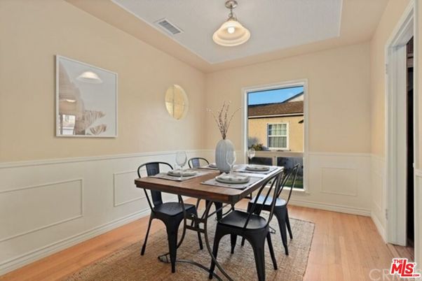Dining room, Interior, Pendant Lights, Wood Texture Flooring