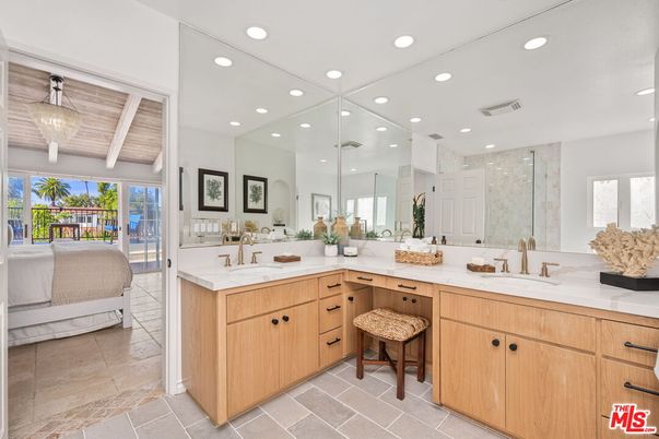 Bathroom, Dual Sink Vanities, Interior, Recessed Lighting, Wooden Ceilings