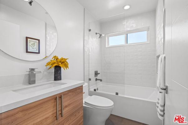 Bathroom, Glass Shower, Interior, Recessed Lighting, Wood Texture Flooring