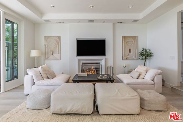 Fireplace, Interior, Living room, Recessed Lighting, Wood Texture Flooring