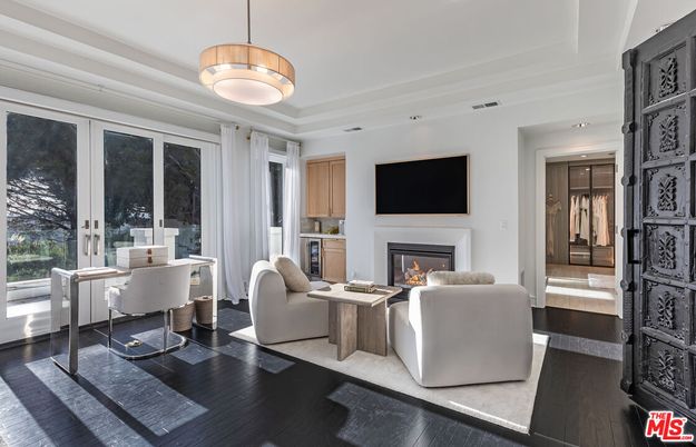 Fireplace, Home Office, Interior, Living room, Pendant Lights, Recessed Lighting, Wood Texture Flooring
