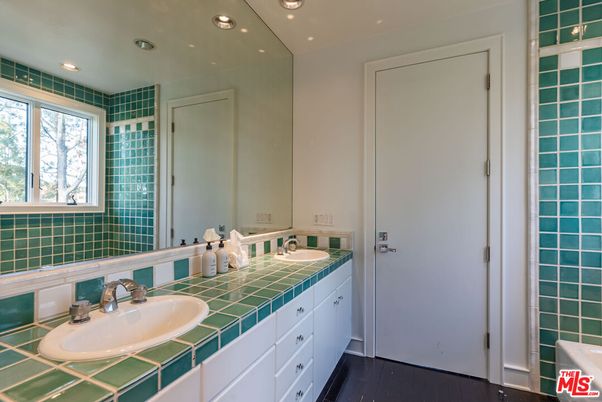 Bathroom, Dual Sink Vanities, Interior, Recessed Lighting, Tile Countertops, Wood Texture Flooring