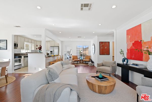 Dining room, Interior, Kitchen, Living room, Recessed Lighting, Stainless Steel Appliances, Wood Texture Flooring